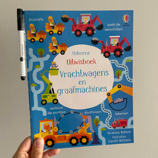 Usborne uitwisboek vrachtwagens en graafmachines